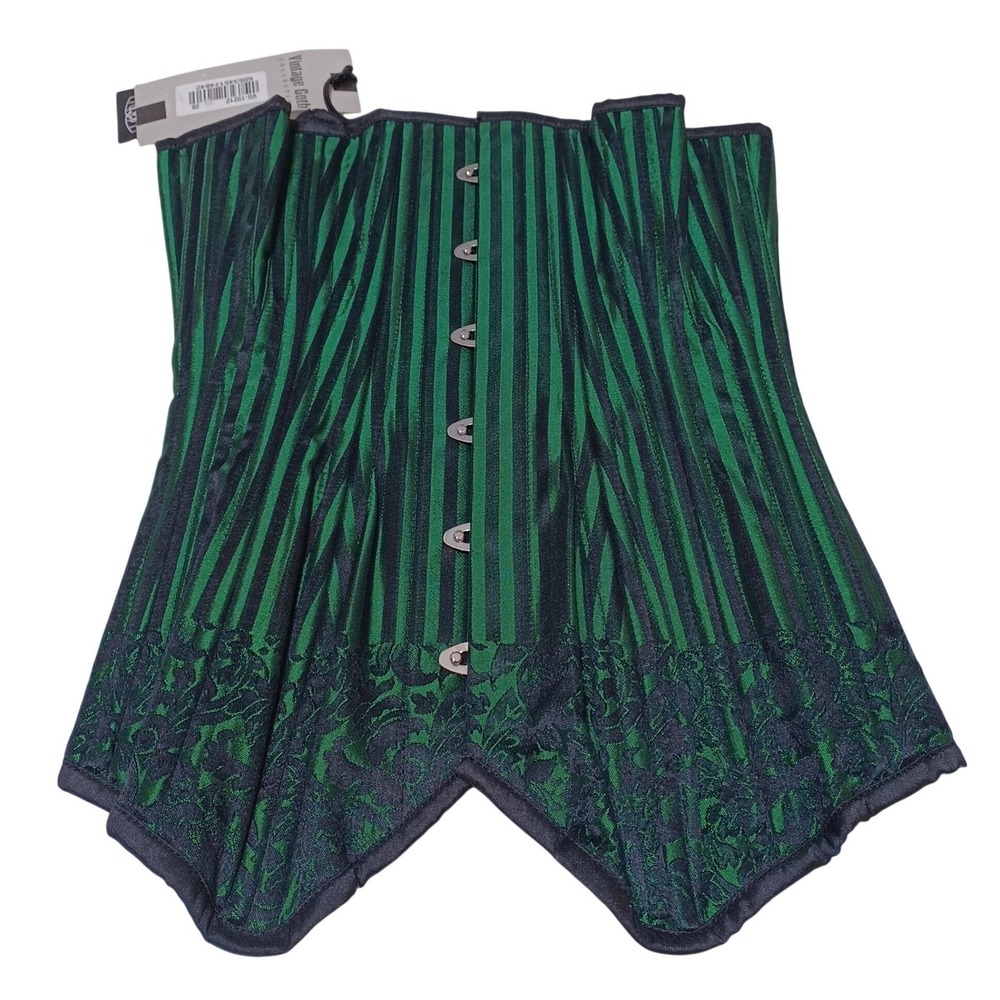 Vintage Goth Womens 20 Steel Boned Underbust Corset Green Black Stripe Steampunk